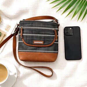 Rosetti Black Stripe Crossbody Bag – Multi-Zip Pockets 🖤🤎👜